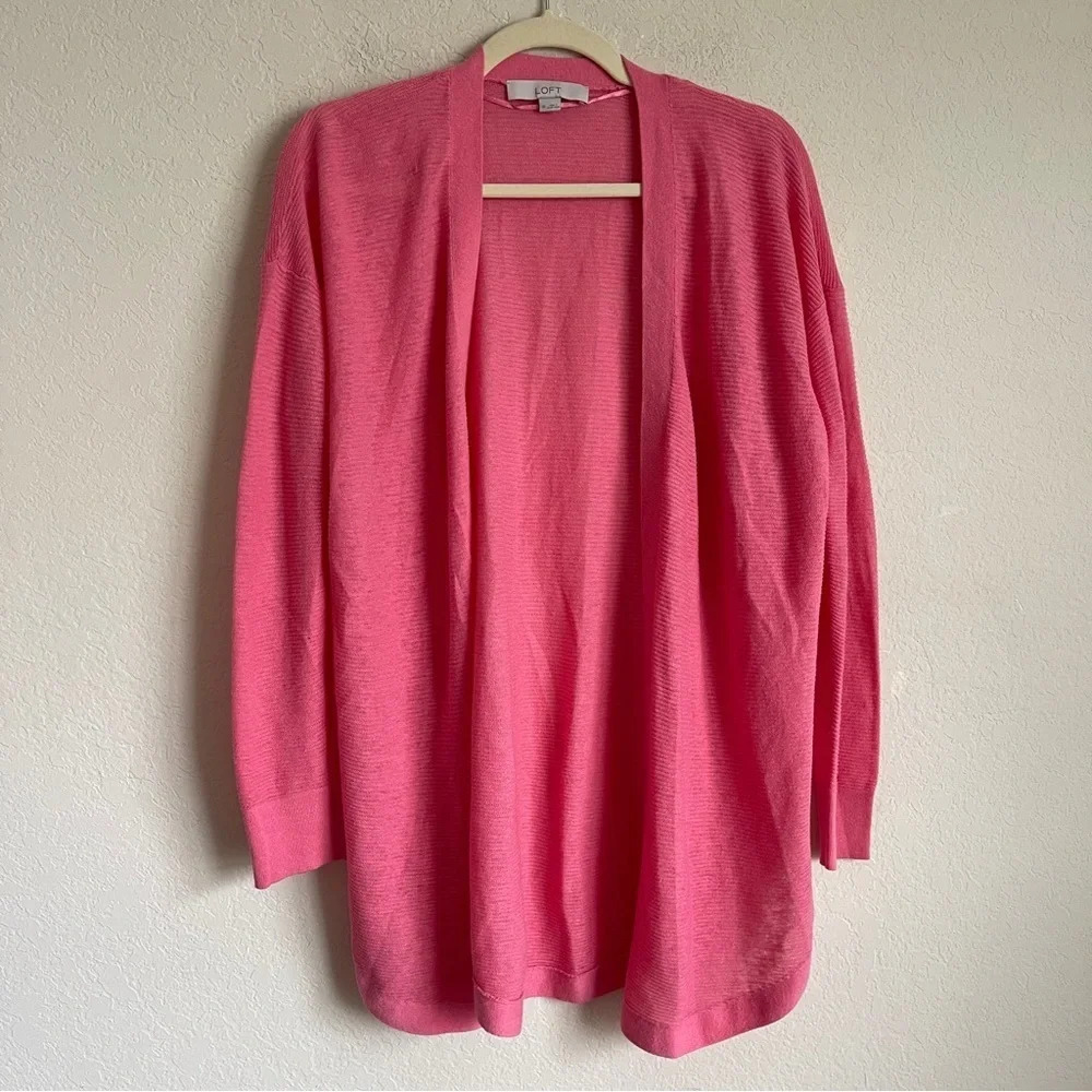 LOFT Pink Ribbed Open‎ Cardigan Linen Blend